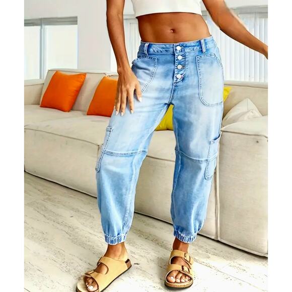 Denim Joggers Button Fly Womens Pants Sz XL Large Cargo Blue Mid Wash Cotton - Picture 5 of 12